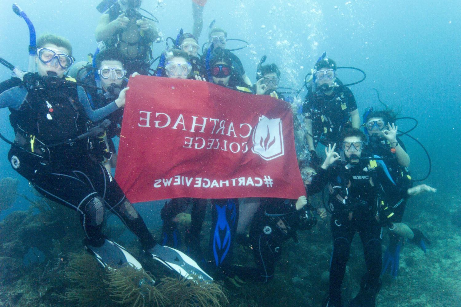 学生们手持<a href='http://union.syudia.com'>bv伟德ios下载</a>旗帜，在j学期洪都拉斯游学之旅中潜水.